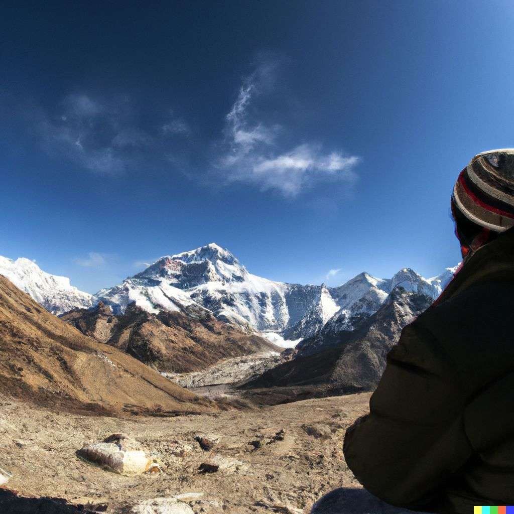 someone gazing at Mount Everest, photograph taken with a fisheye lens, 10mm